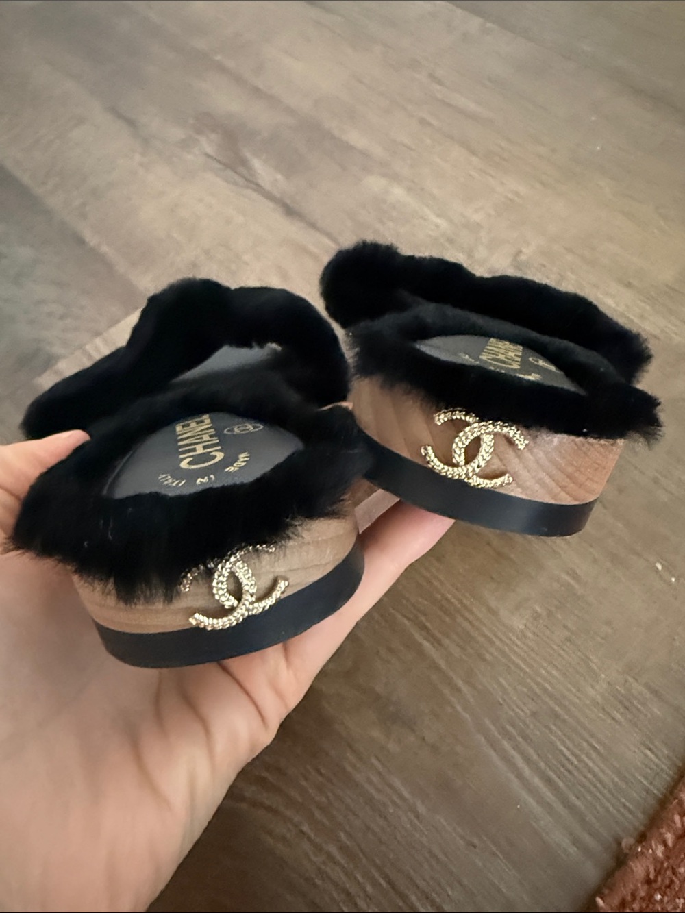 CHANEL Black Fur Slide Slippers with Gold Logo - Picture 2 of 3